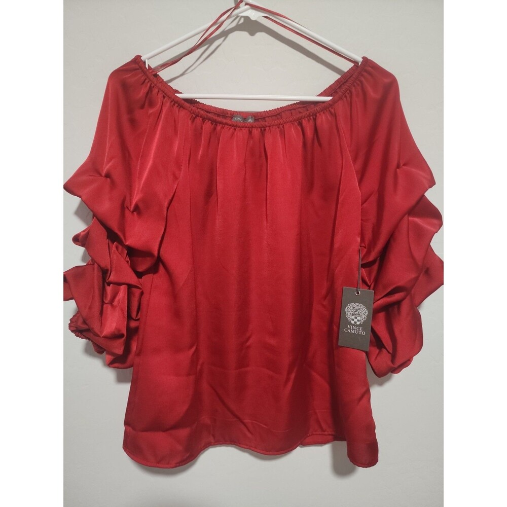 Vince Camuto Red Dressy Blouse With Ruched Sleeves Womens Size Small NWT